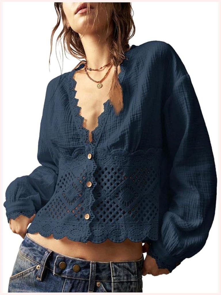 Western Hollow Out Blouse Deep V Neck Button Up Long Sleeve Top